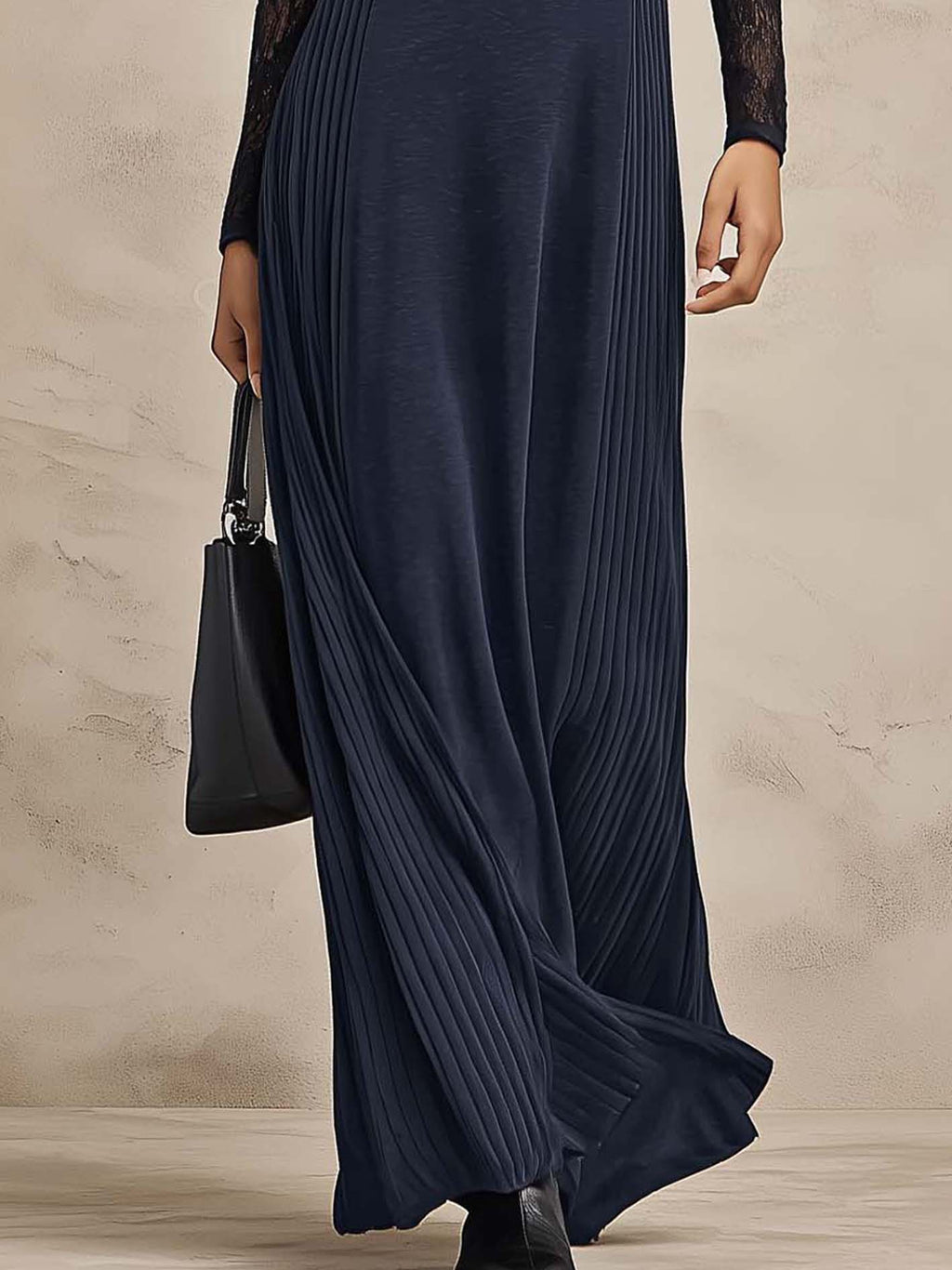 Navy Ribbed Stretch Maxi Dress with Sheer Lace Sleeves and Side Pleating