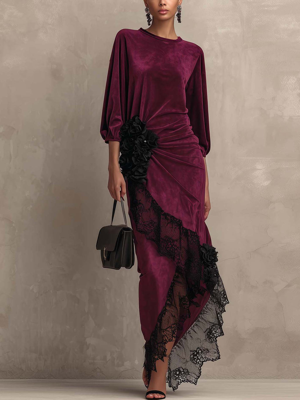 Deep Burgundy Velvet Maxi Dress with Black Ruffled Waist Trim and Lace Patchwork