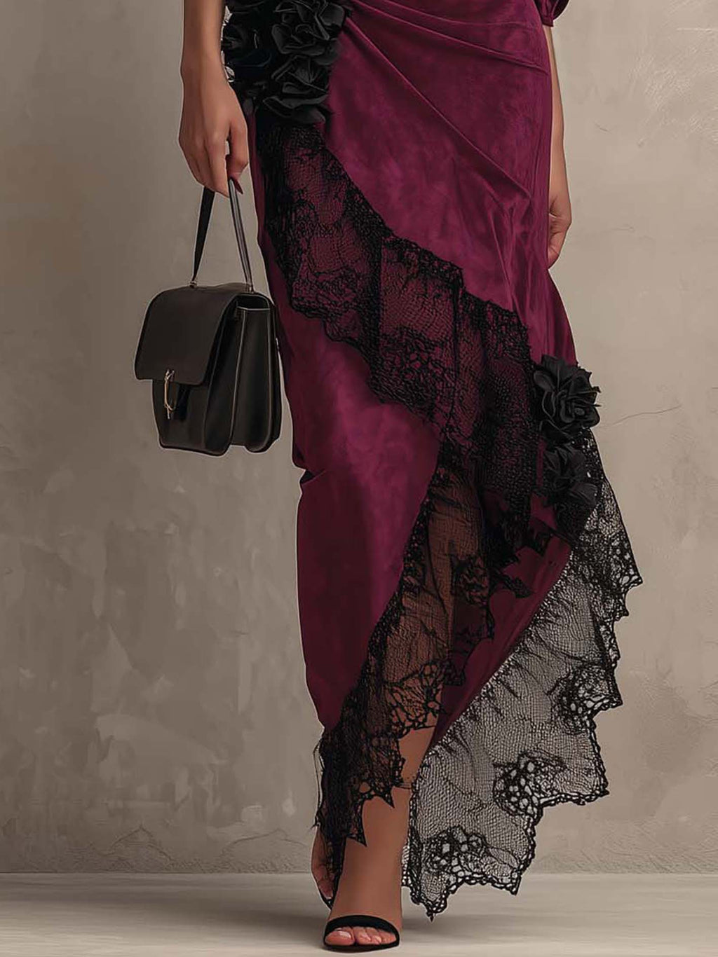 Deep Burgundy Velvet Maxi Dress with Black Ruffled Waist Trim and Lace Patchwork