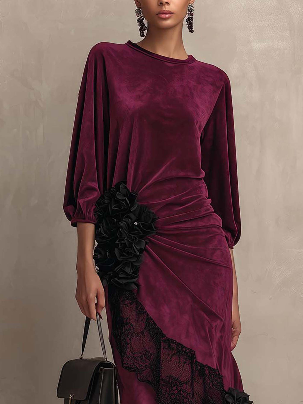 Deep Burgundy Velvet Maxi Dress with Black Ruffled Waist Trim and Lace Patchwork