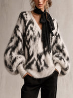 Black and White Abstract Oversized V-Neck Wool Blend Jumper