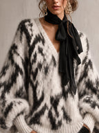 Black and White Abstract Oversized V-Neck Wool Blend Jumper