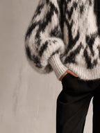 Black and White Abstract Oversized V-Neck Wool Blend Jumper