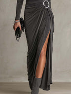 Charcoal Grey Ruched Bodycon Maxi Dress with Metal Ring Buckle and High Slit