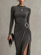 Charcoal Grey Ruched Bodycon Maxi Dress with Metal Ring Buckle and High Slit