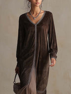 Chocolate Brown Velvet Maxi Dress with Shimmer Trim and Chiffon Ruffle Hem
