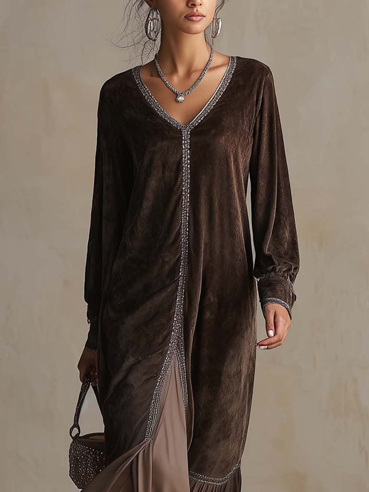 Chocolate Brown Velvet Maxi Dress with Shimmer Trim and Chiffon Ruffle Hem