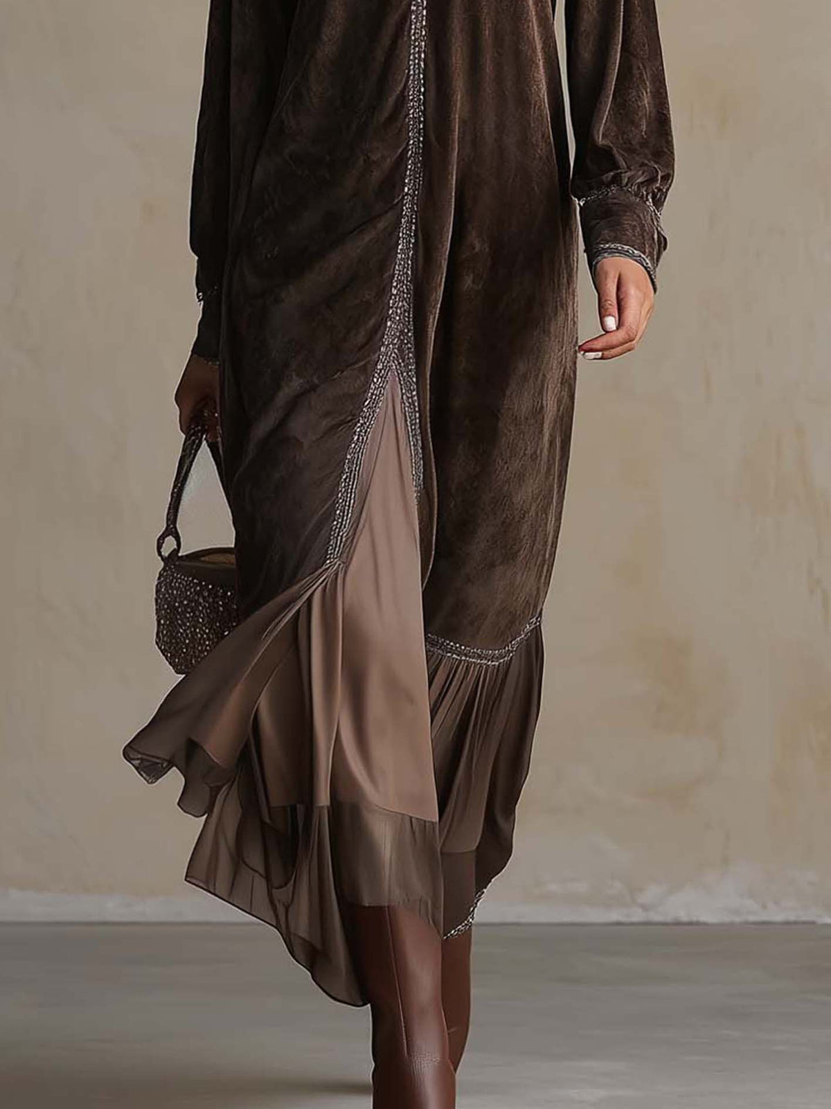 Chocolate Brown Velvet Maxi Dress with Shimmer Trim and Chiffon Ruffle Hem