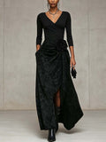 Black V-Neck Wrap Top and Distressed Maxi Skirt Set with 3D Rose Detail