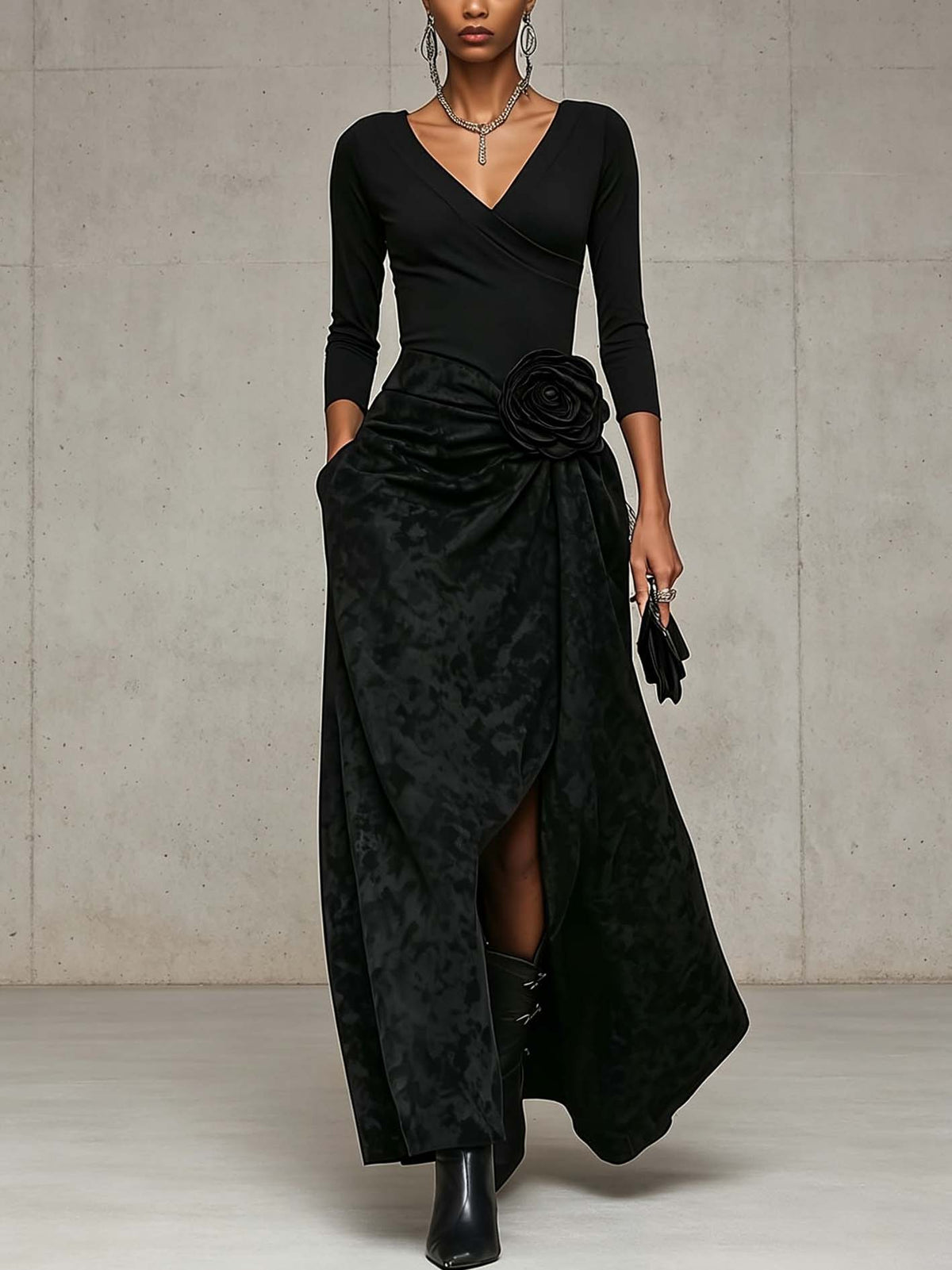 Black V-Neck Wrap Top and Distressed Maxi Skirt Set with 3D Rose Detail