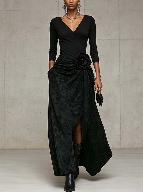 Black V-Neck Wrap Top and Distressed Maxi Skirt Set with 3D Rose Detail