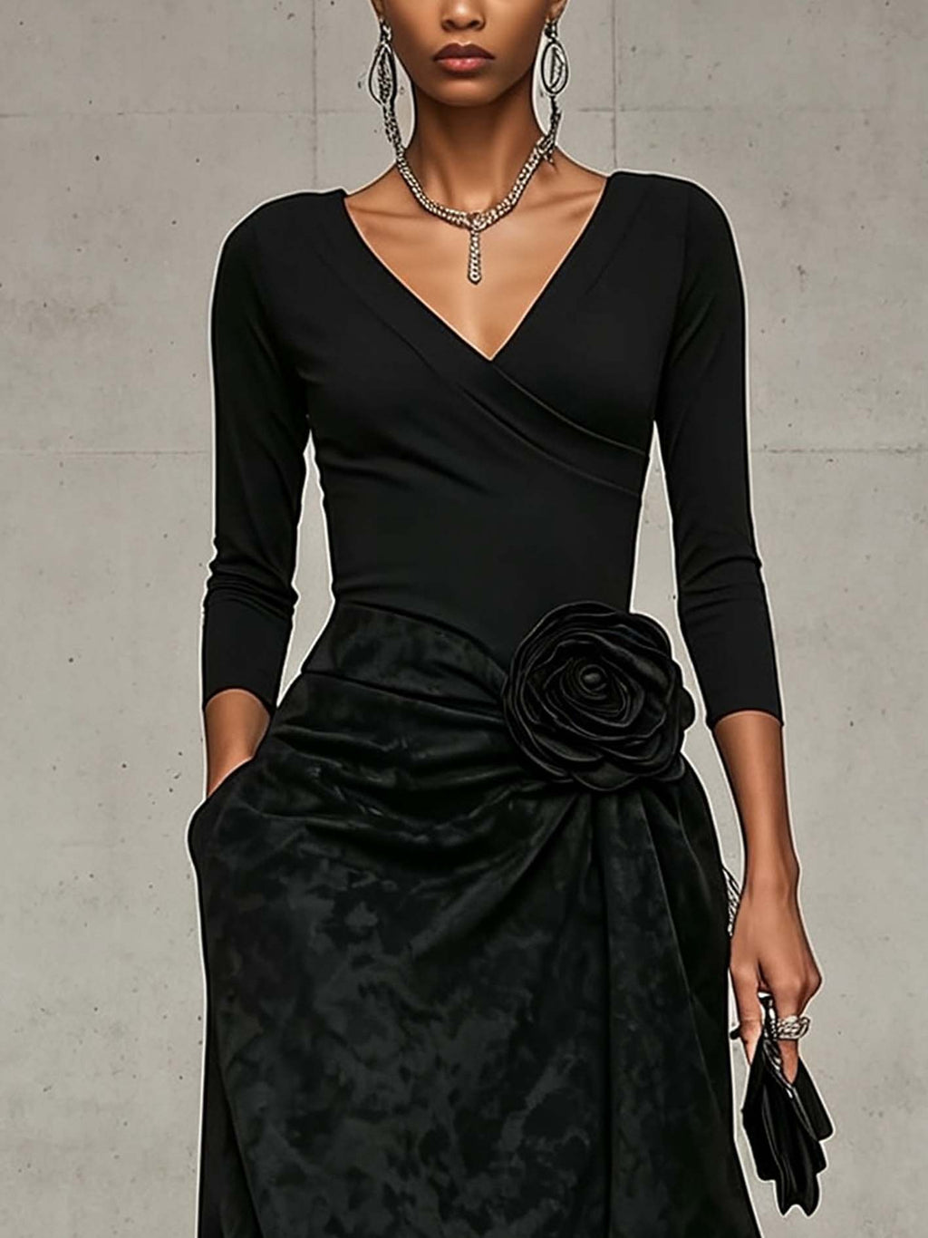 Black V-Neck Wrap Top and Distressed Maxi Skirt Set with 3D Rose Detail
