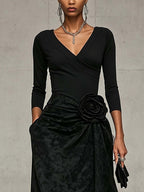 Black V-Neck Wrap Top and Distressed Maxi Skirt Set with 3D Rose Detail