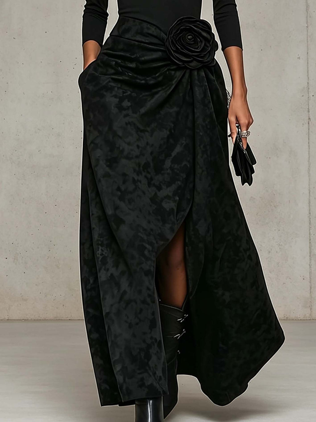 Black V-Neck Wrap Top and Distressed Maxi Skirt Set with 3D Rose Detail