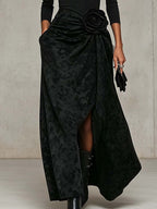Black V-Neck Wrap Top and Distressed Maxi Skirt Set with 3D Rose Detail