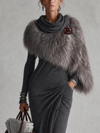 Charcoal Grey Stretch Long Sleeve Maxi Dress and Faux Fur Asymmetric Stole Set