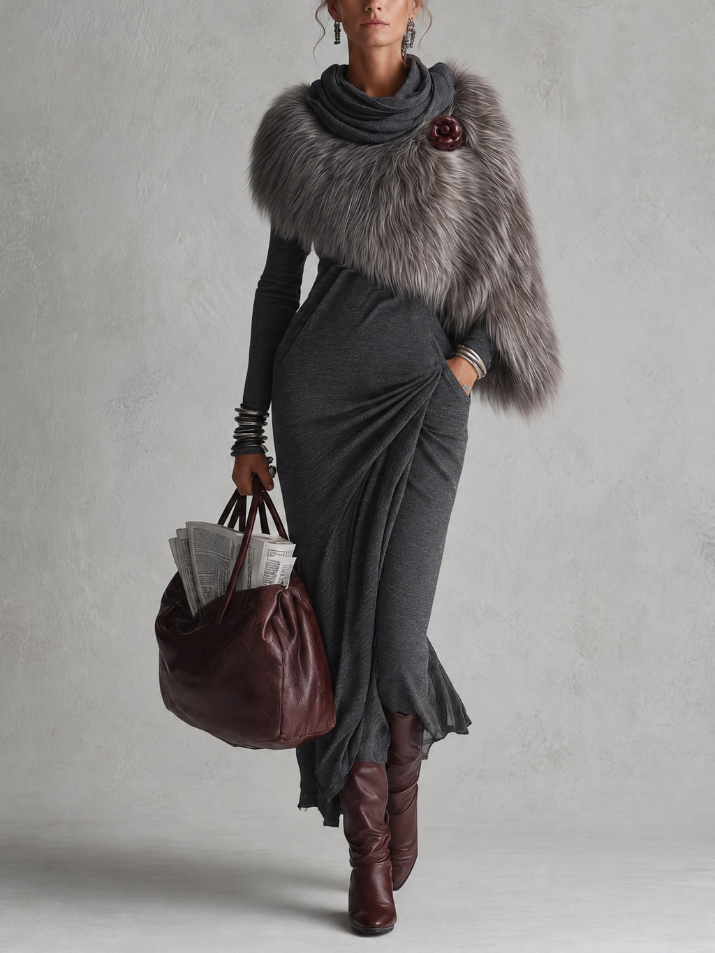 Charcoal Grey Stretch Long Sleeve Maxi Dress and Faux Fur Asymmetric Stole Set