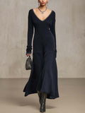 Navy Knit Maxi Dress with Beaded V-Neckline and Textured Patchwork Skirt