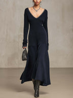 Navy Knit Maxi Dress with Beaded V-Neckline and Textured Patchwork Skirt