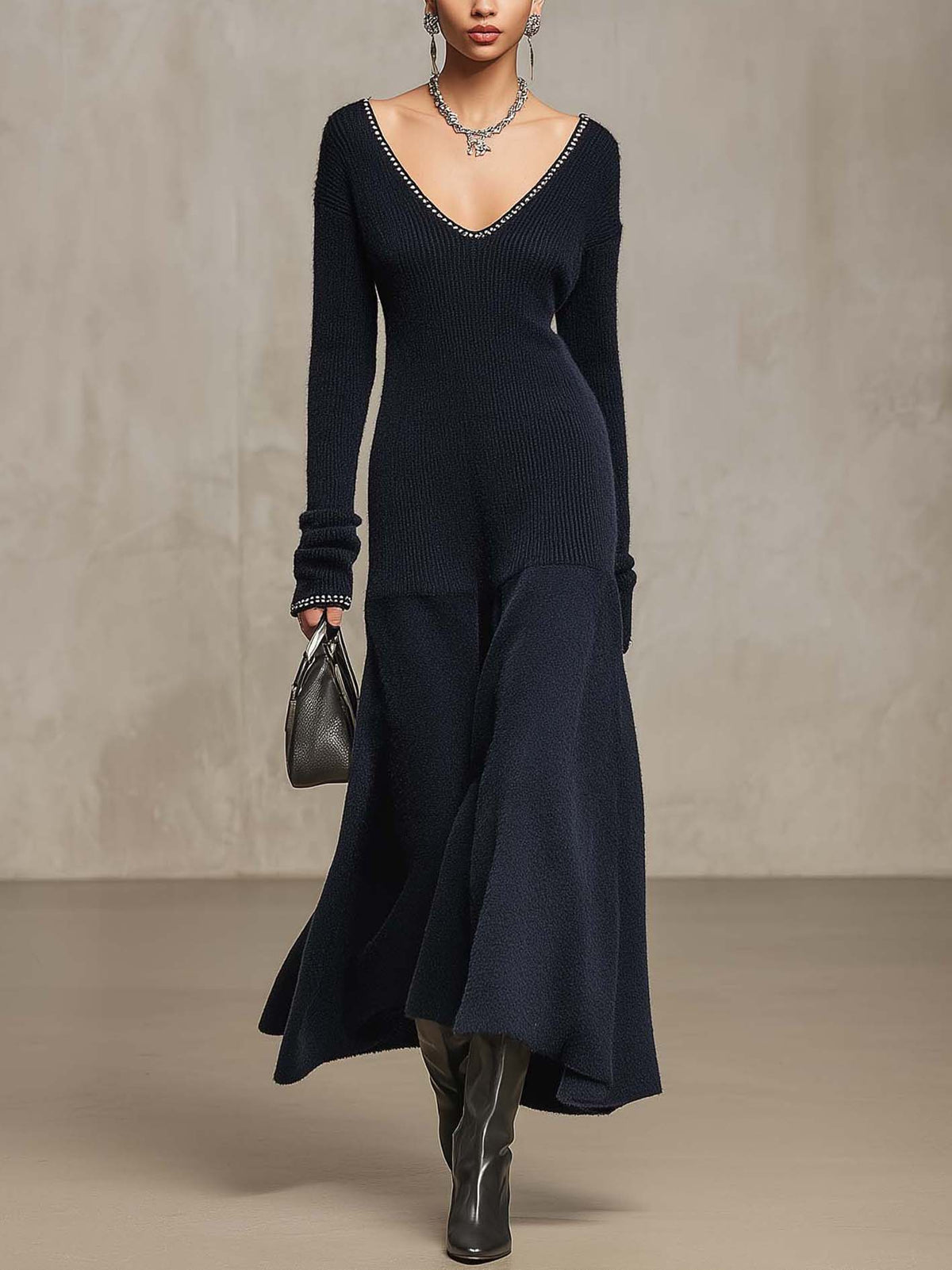 Navy Knit Maxi Dress with Beaded V-Neckline and Textured Patchwork Skirt