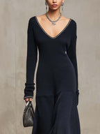 Navy Knit Maxi Dress with Beaded V-Neckline and Textured Patchwork Skirt