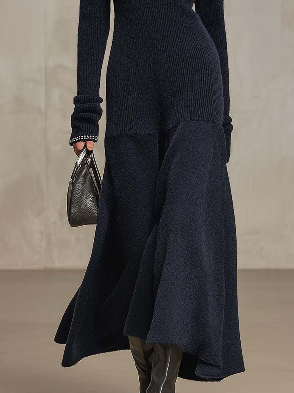 Navy Knit Maxi Dress with Beaded V-Neckline and Textured Patchwork Skirt