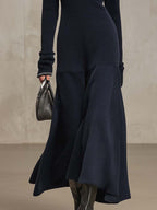 Navy Knit Maxi Dress with Beaded V-Neckline and Textured Patchwork Skirt