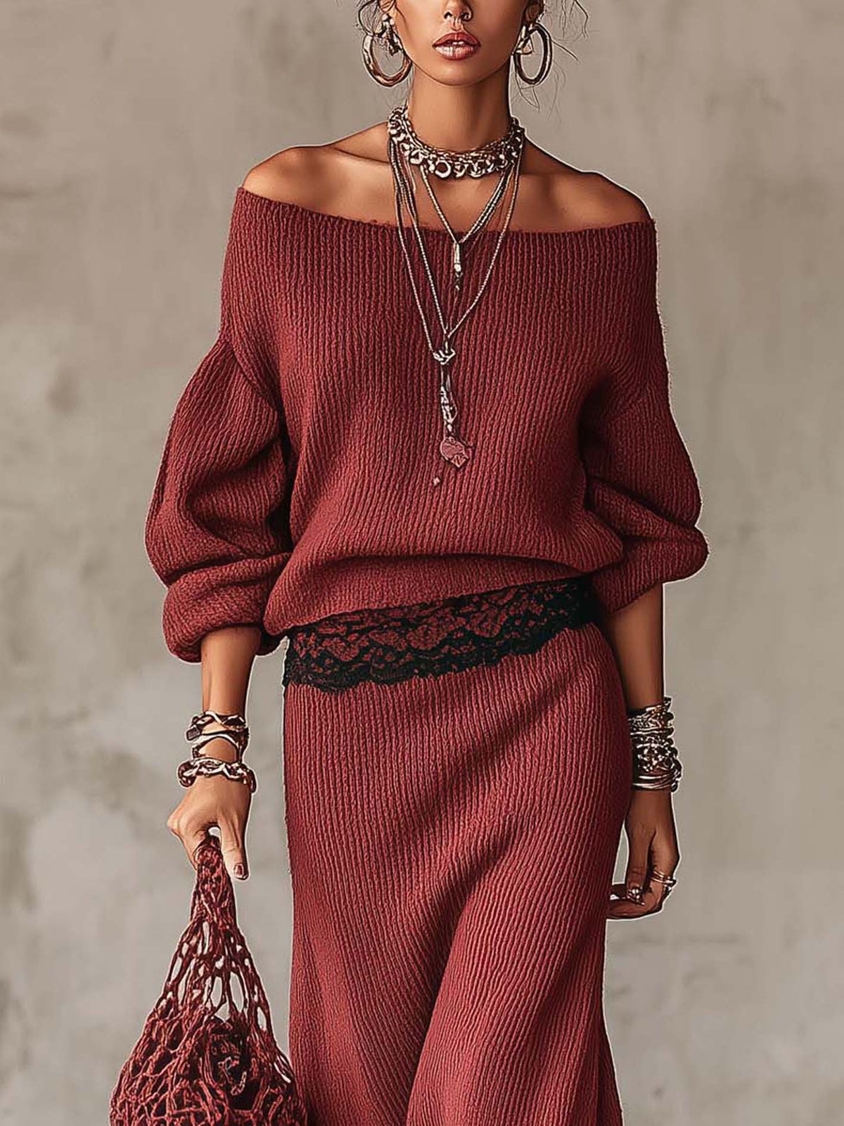 Rust Red Ribbed Knit Off-Shoulder Jumper and Maxi Skirt Set with Black Lace Trim