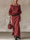 Rust Red Ribbed Knit Off-Shoulder Jumper and Maxi Skirt Set with Black Lace Trim