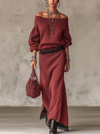 Rust Red Ribbed Knit Off-Shoulder Jumper and Maxi Skirt Set with Black Lace Trim