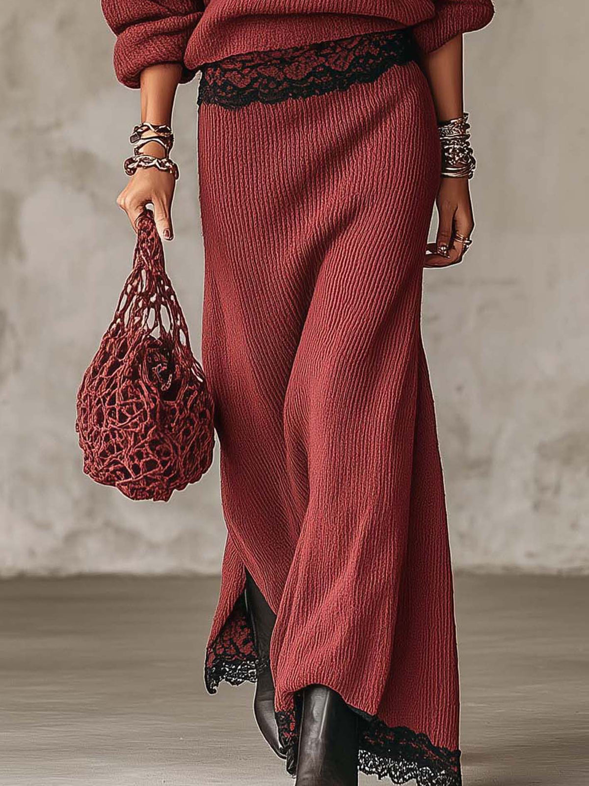 Rust Red Ribbed Knit Off-Shoulder Jumper and Maxi Skirt Set with Black Lace Trim