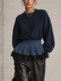 Midnight Navy Sweatshirt with Pleated Denim-Look Lace Hem