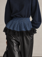 Midnight Navy Sweatshirt with Pleated Denim-Look Lace Hem