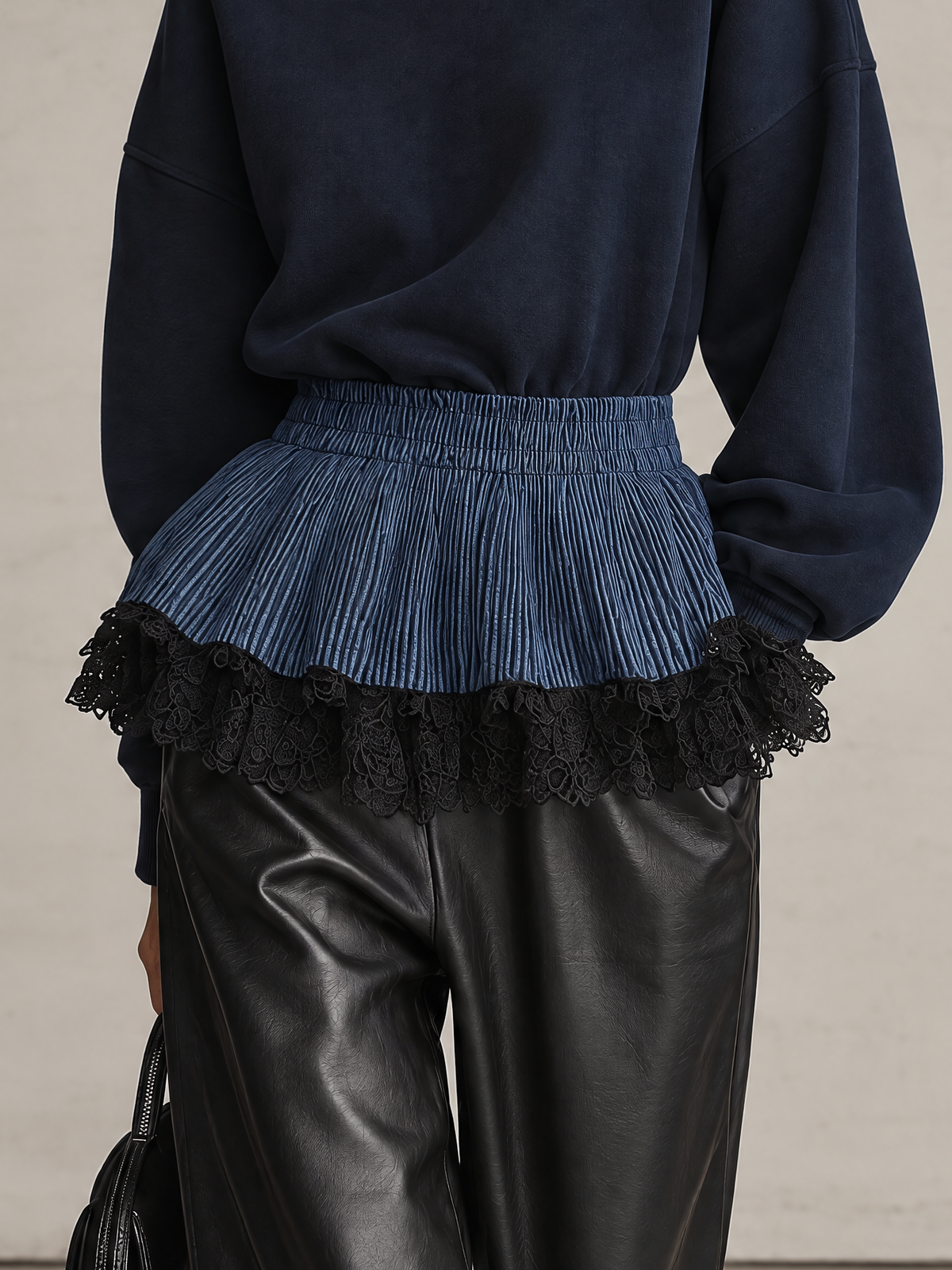 Midnight Navy Sweatshirt with Pleated Denim-Look Lace Hem