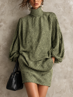 Olive Green Micro Leopard Print Roll Neck Balloon-Sleeve Mini Dress