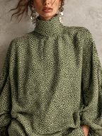 Olive Green Micro Leopard Print Roll Neck Balloon-Sleeve Mini Dress
