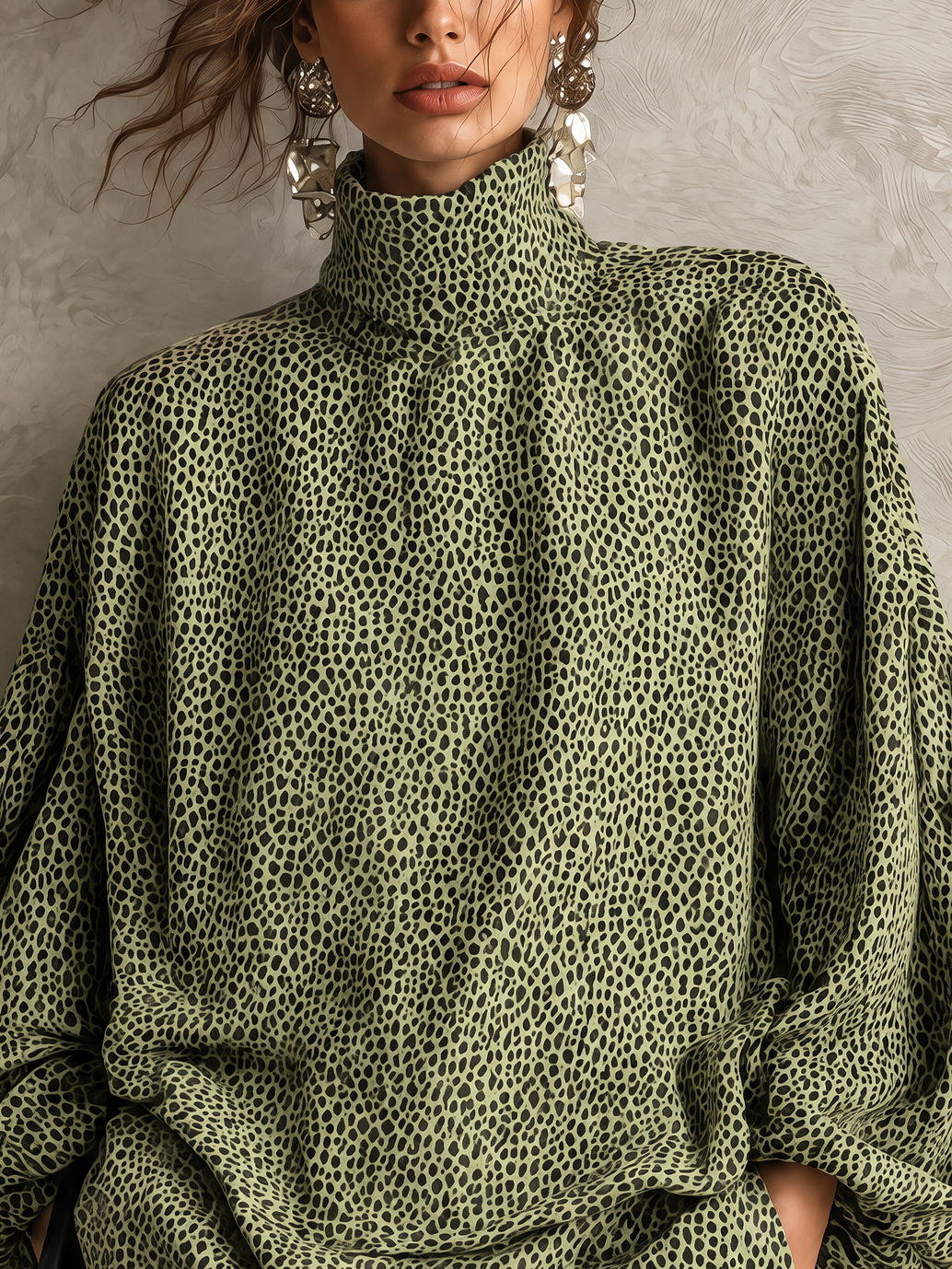 Olive Green Micro Leopard Print Roll Neck Balloon-Sleeve Mini Dress
