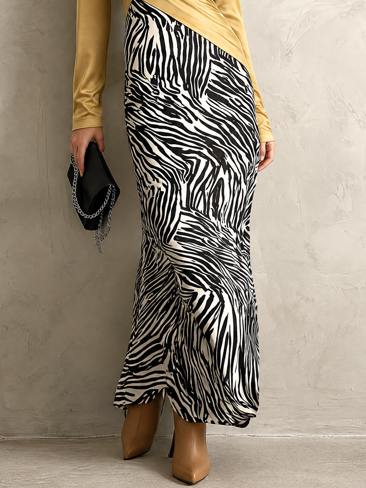 Gold Satin and Zebra Print Wrap Mermaid Maxi Dress