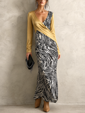 Gold Satin and Zebra Print Wrap Mermaid Maxi Dress