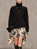 Black Chunky Ribbed Roll Neck and Floral Satin Handkerchief Mini Dress
