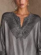 Silver Grey Snakeskin Print Satin Notch-Neck Blouse