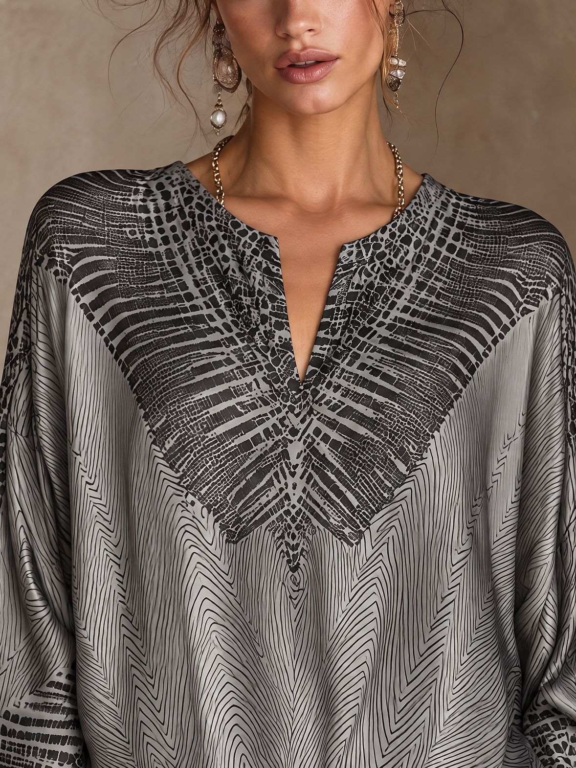 Silver Grey Snakeskin Print Satin Notch-Neck Blouse