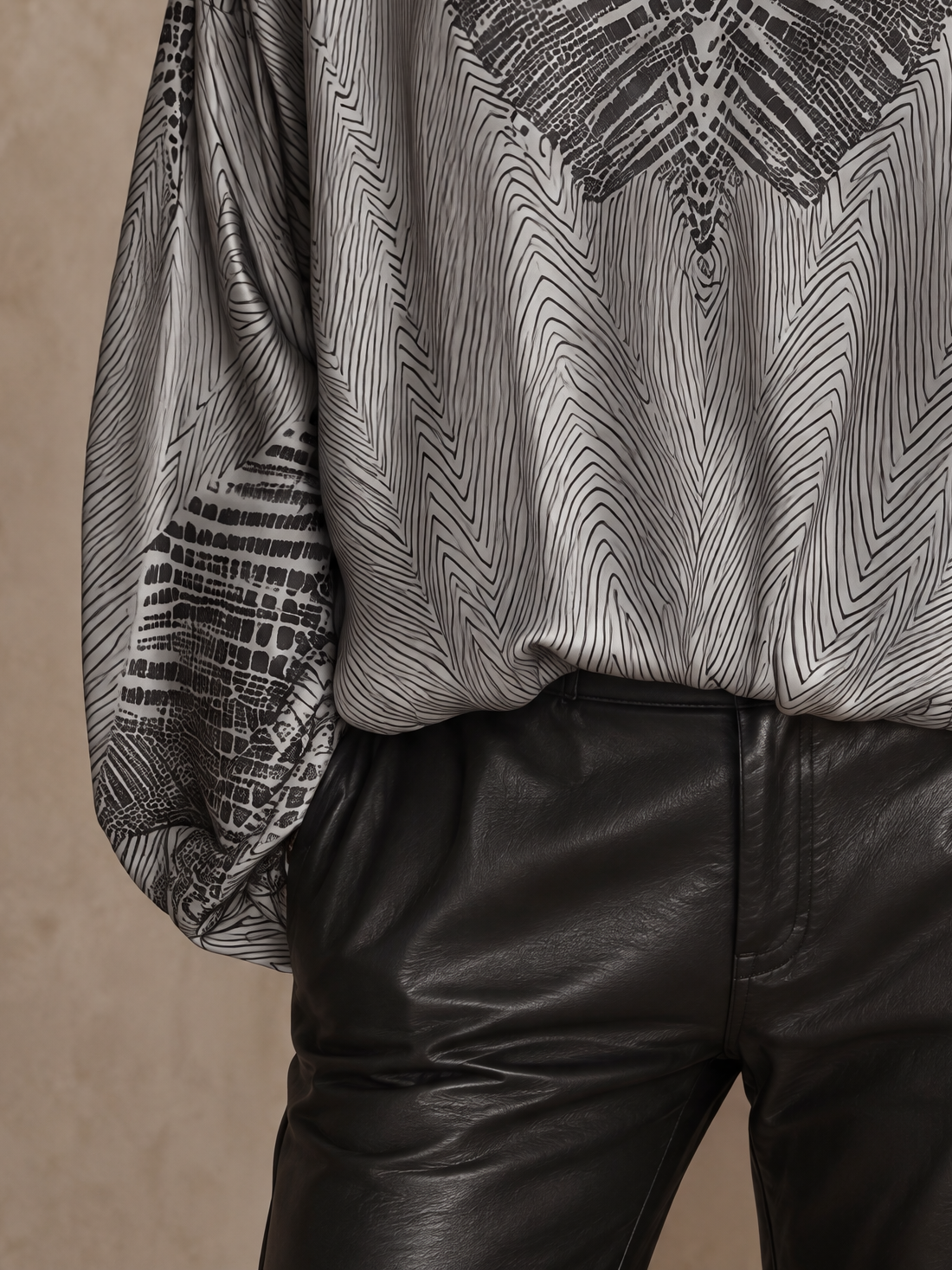Silver Grey Snakeskin Print Satin Notch-Neck Blouse