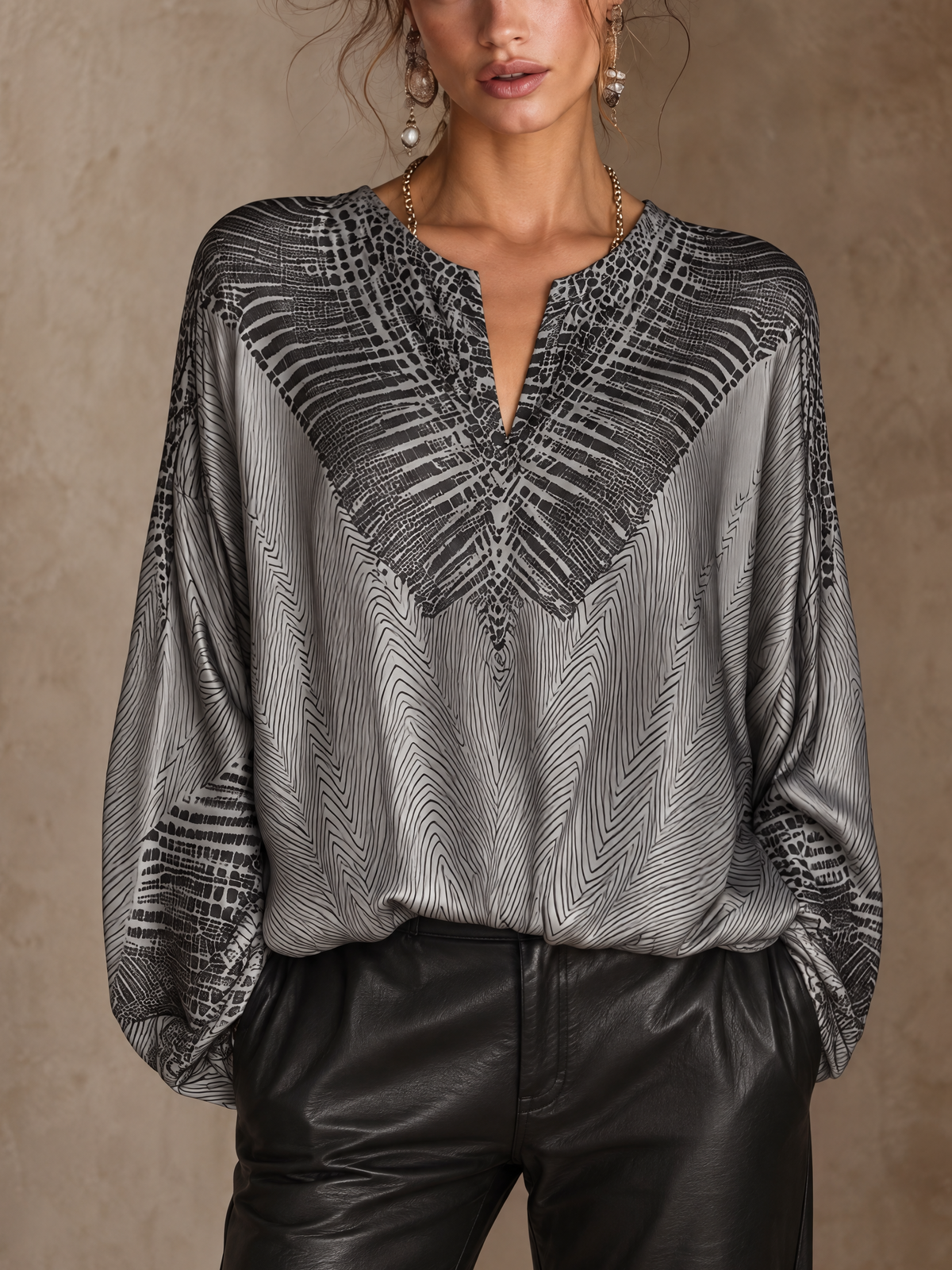 Silver Grey Snakeskin Print Satin Notch-Neck Blouse
