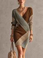 Brown Sage and Taupe Ribbed Diagonal Colour-block V-Neck Mini Jumper Dress