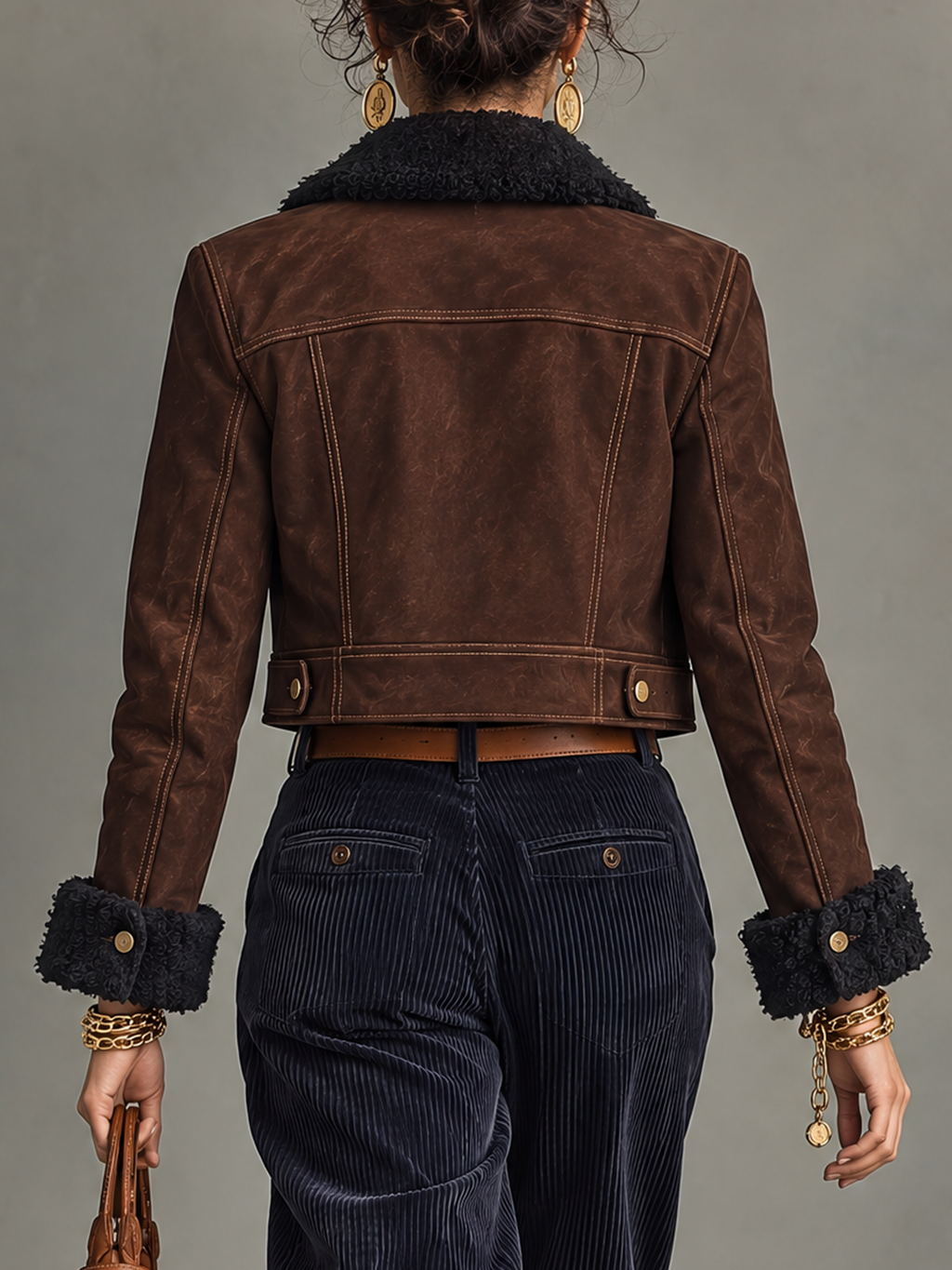 Dark Brown Faux Suede Shearling Collar Cropped Jacket