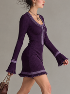 Dark Purple Ribbed Knit U-Neck Mini Dress