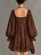 Brown Sequin Square Neck Puff Sleeve Mini Dress
