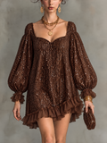 Brown Sequin Square Neck Puff Sleeve Mini Dress