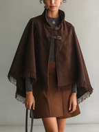 Dark Brown Faux Suede Fringe Cape Coat